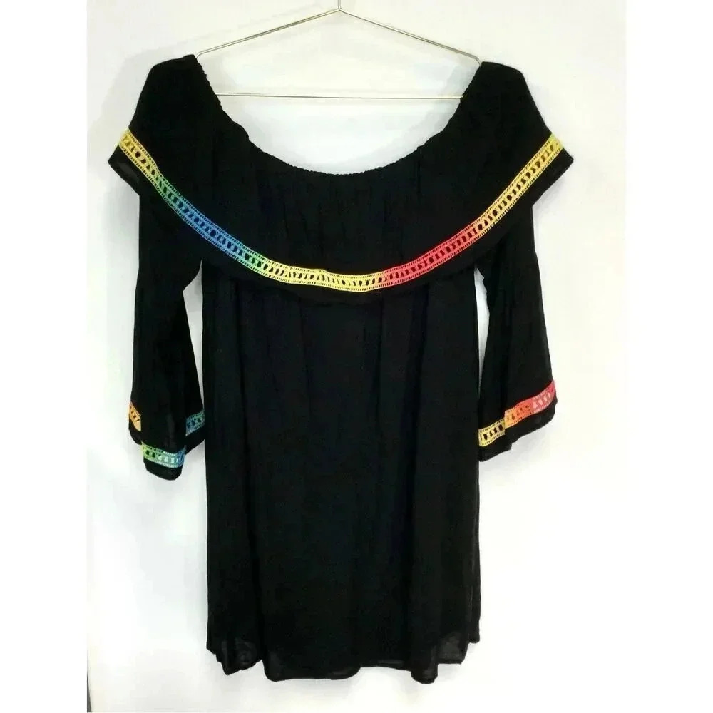 Entro Womens L Off the Shoulder Mini Dress Black Colorful Trim Bell Sleeves NWT